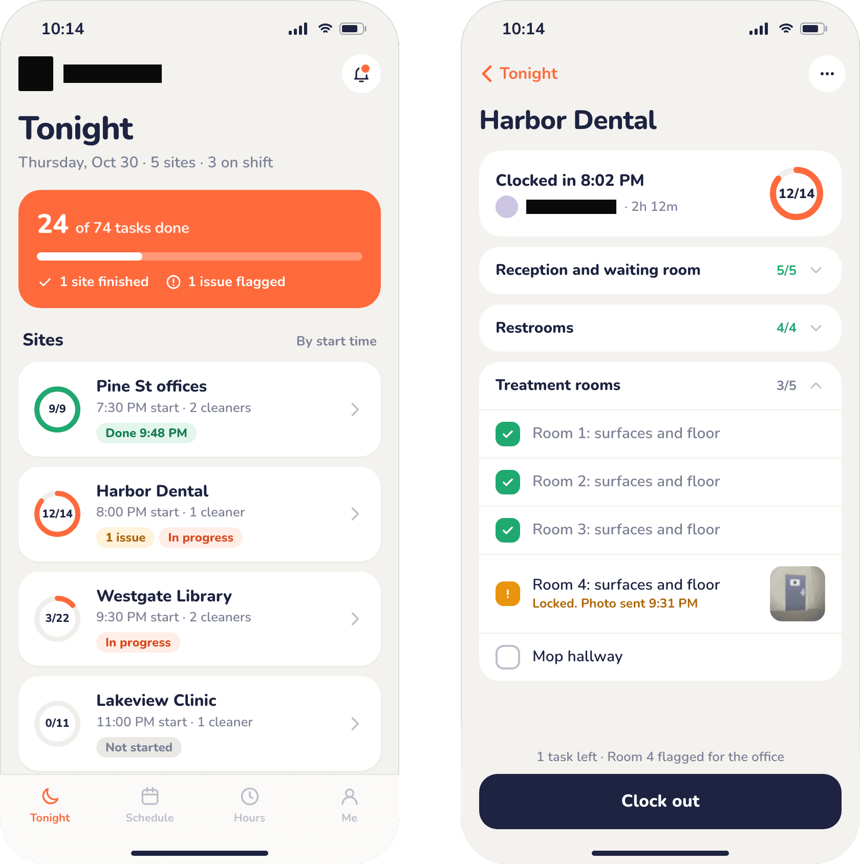 Two phone screens: tonight's five sites with how far through its checklist each one is, and one site's checklist with a photo of a locked room.